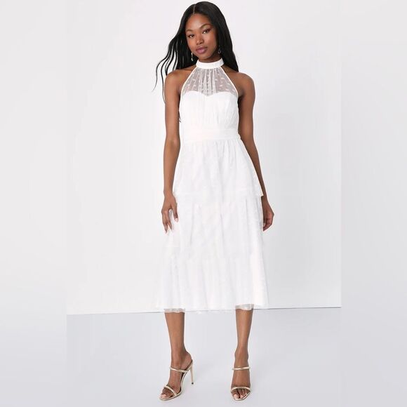 NWT Lulus Positively Precious White Floral Mesh Tiered Halter Midi Dress - Picture 3 of 8